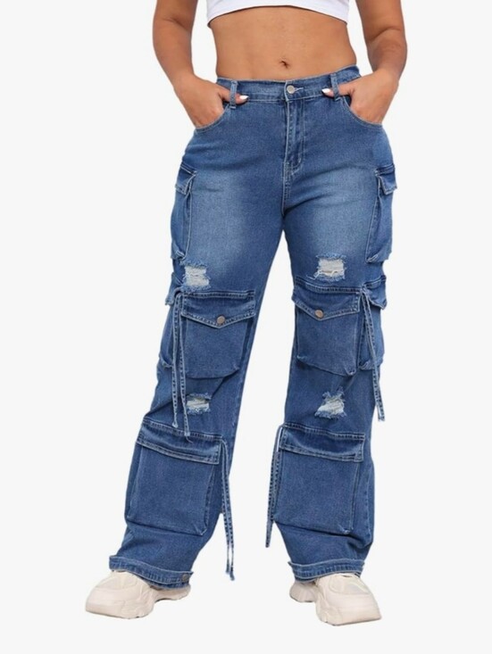 Denim - ThusFar High Waist Baggy Cargo Jeans - Distressed Blue Denim